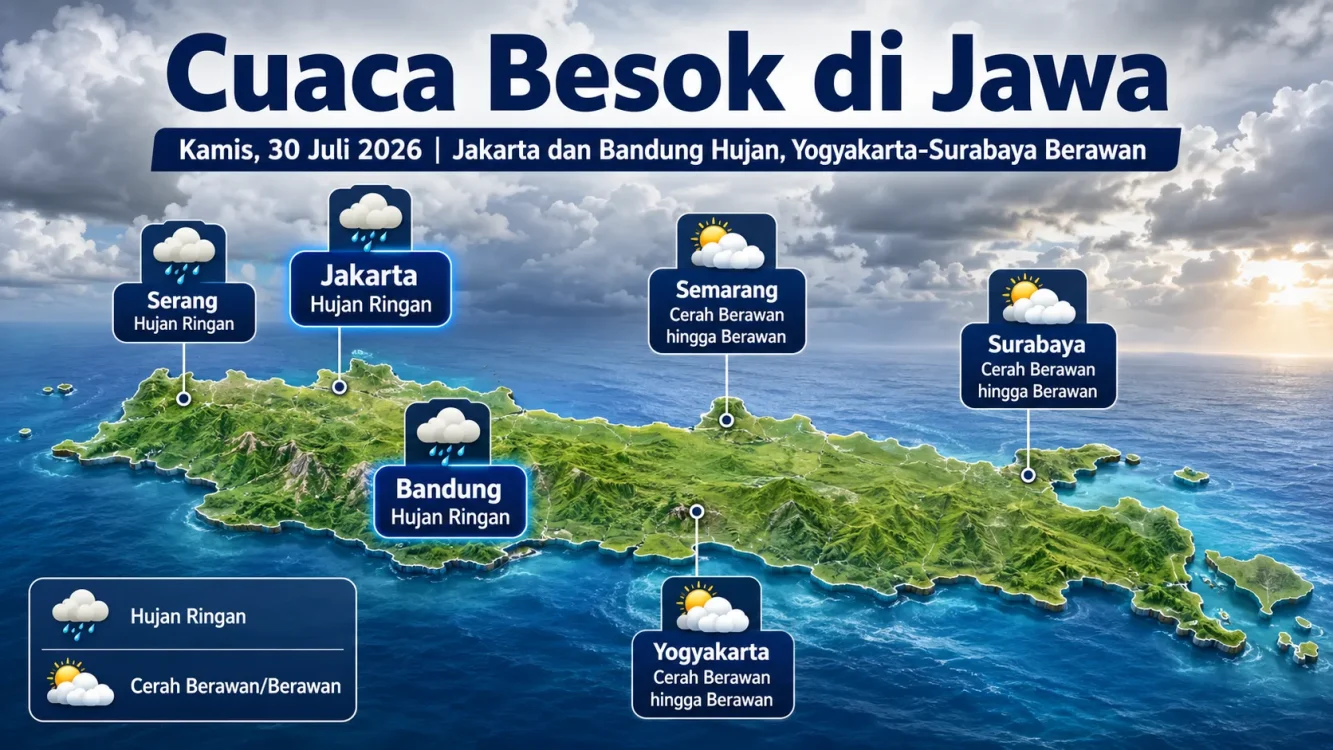 Cuaca Besok Kamis 30 Juli 2026 di Jawa, Jakarta dan Bandung Berpotensi Hujan