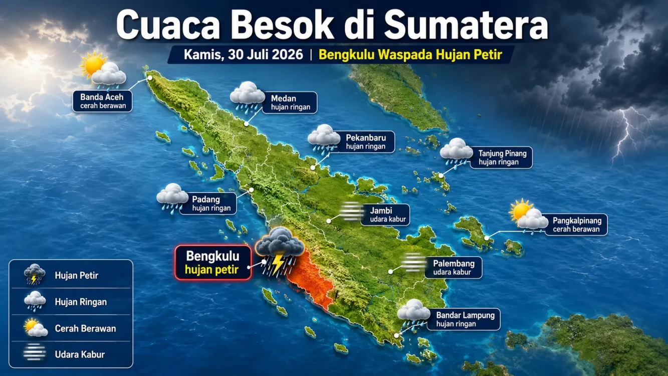 Cuaca Besok Kamis 30 Juli 2026 di Sumatera, Bengkulu Waspada Hujan Petir