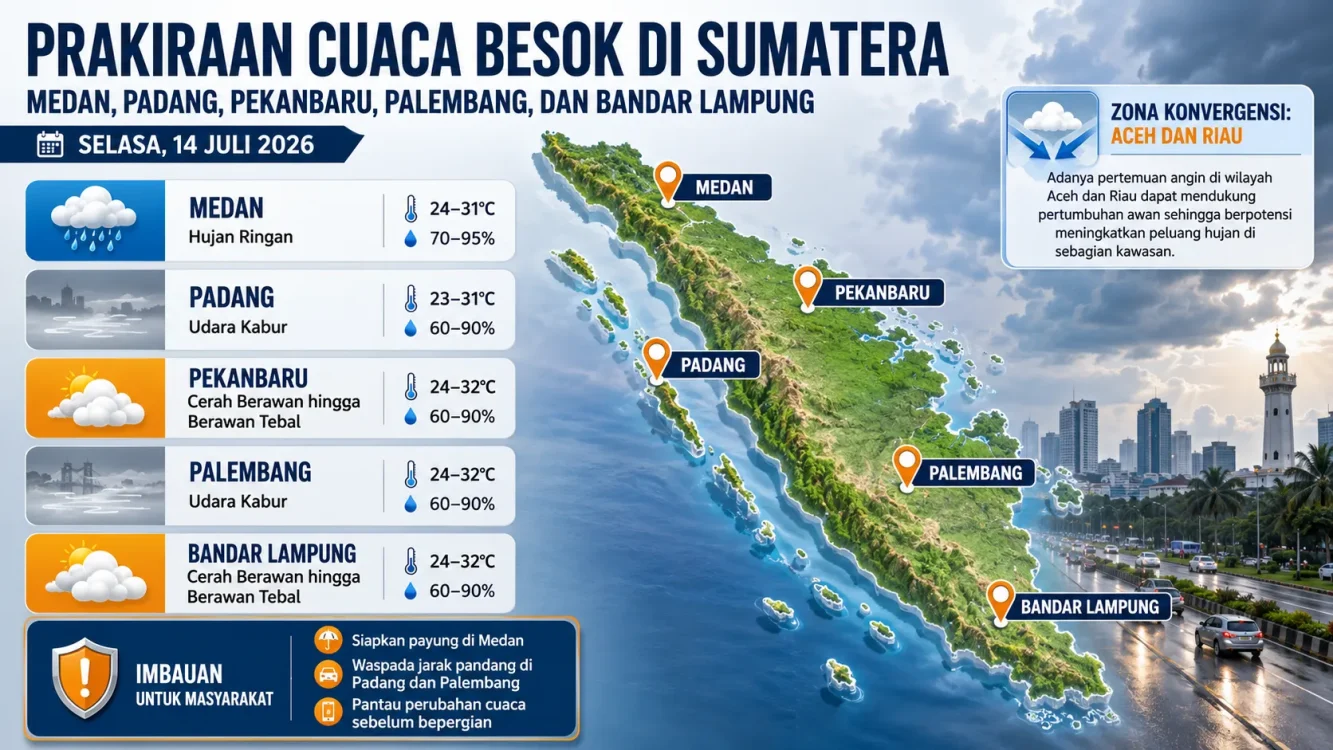 Cuaca Besok Kota-Kota Besar di Sumatera: Hujan Ringan hingga Udara Kabur Berpotensi Terjadi