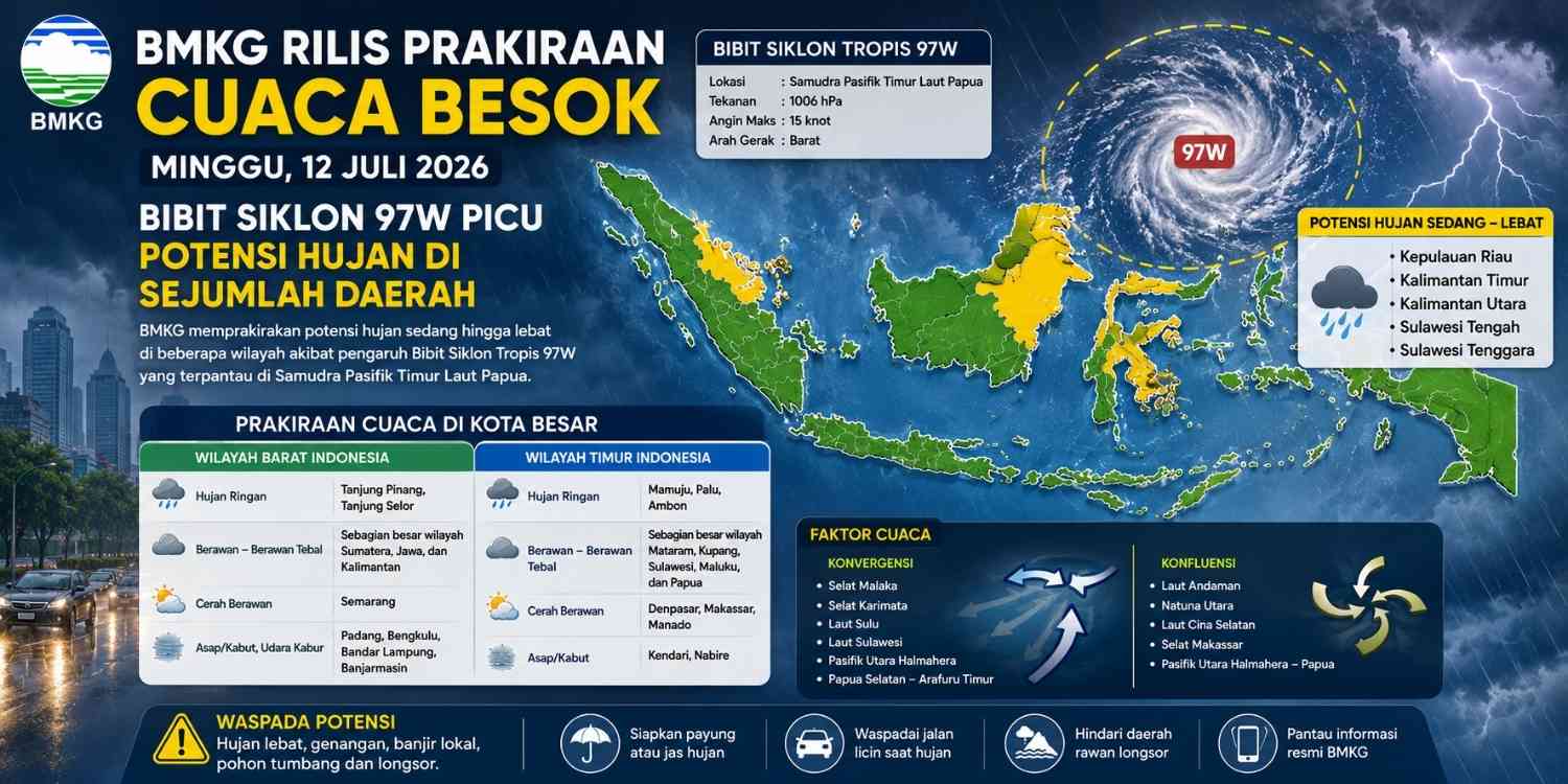 Cuaca Besok Minggu 12 Juli 2026 Bibit Siklon 97W Masih Terpantau, Ini Dampaknya bagi Indonesia