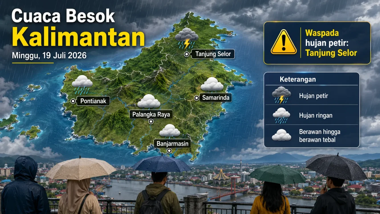 Cuaca Besok Minggu 19 Juli 2026 di Kalimantan, Tanjung Selor Waspada Hujan Petir