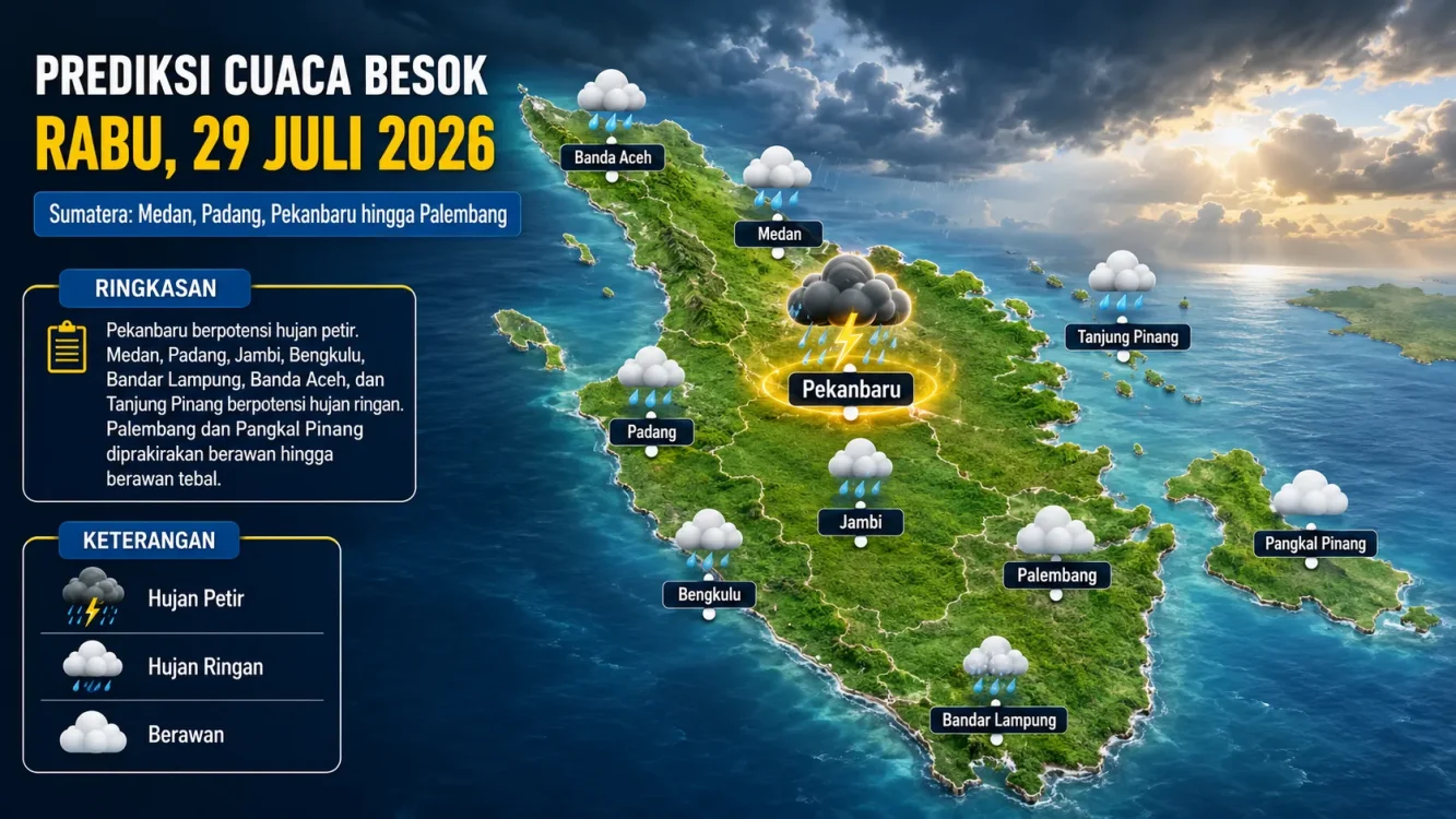 Cuaca Besok Rabu 29 Juli 2026 di Sumatera, Cek Kondisi Kota Anda