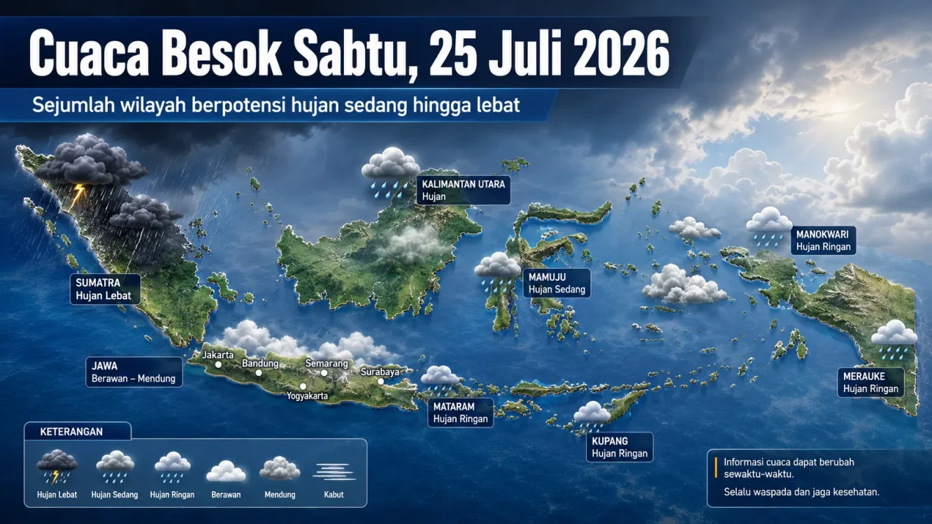 Cuaca Besok Sabtu 25 Juli 2026, BMKG Peringatkan Hujan Lebat di 10 Provinsi