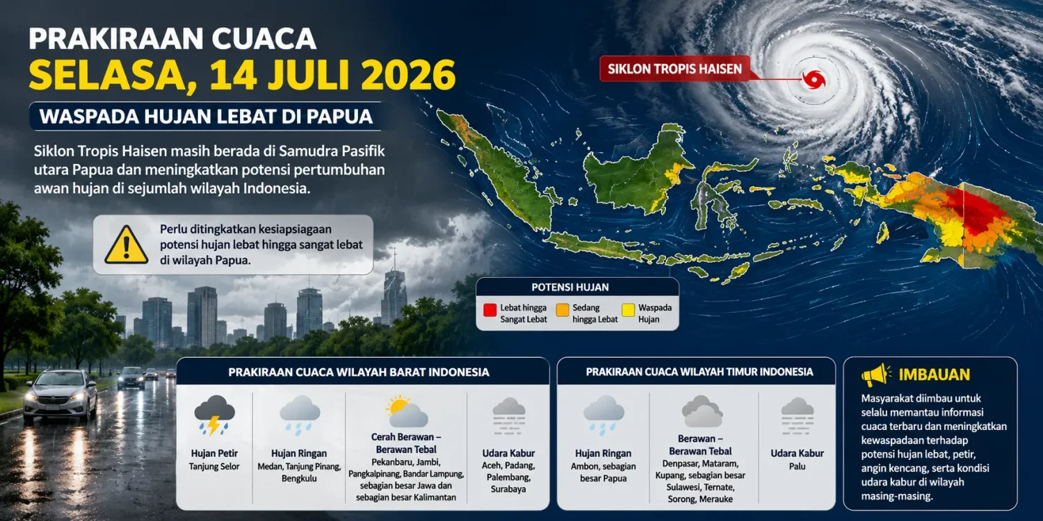Cuaca Besok Selasa 14 Juli 2026: BMKG Prediksi Hujan Lebat di Papua, Bagaimana Jawa?