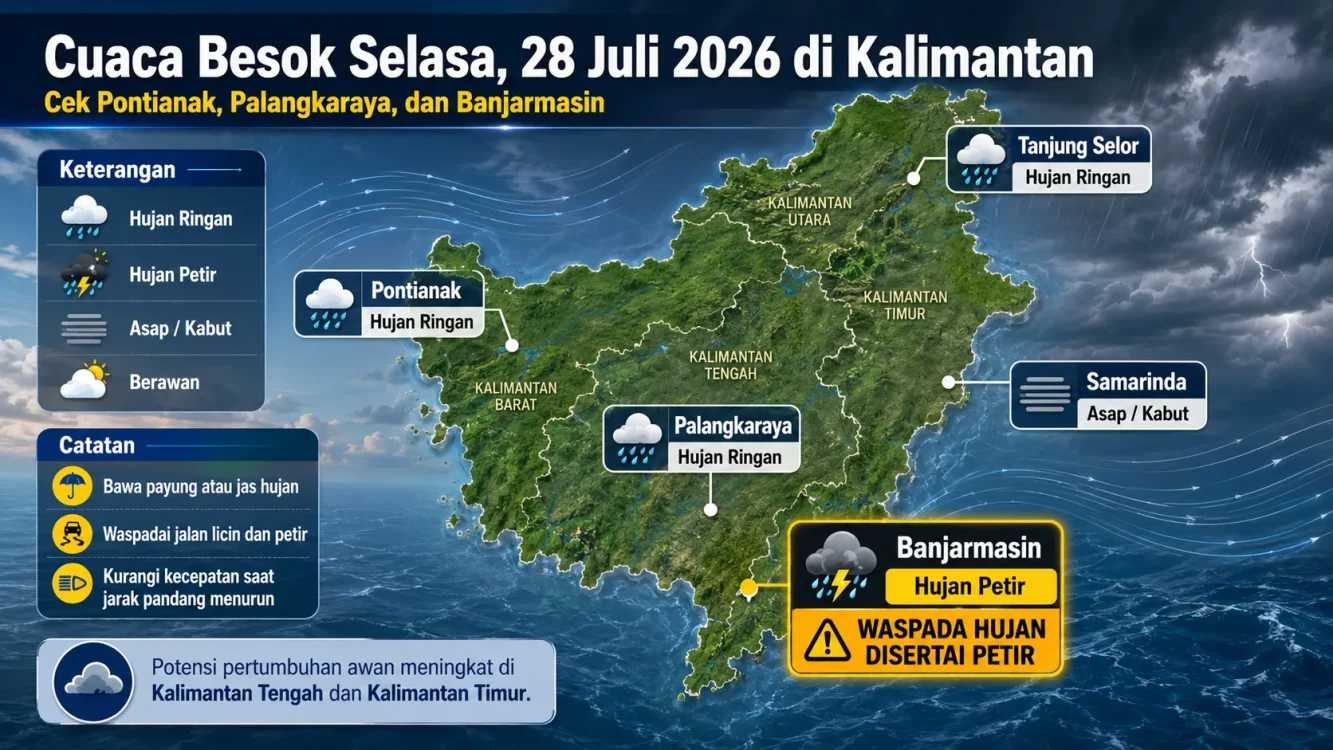 Cuaca Besok Selasa 28 Juli 2026 di Kalimantan, Ini Kota yang Berpotensi Hujan