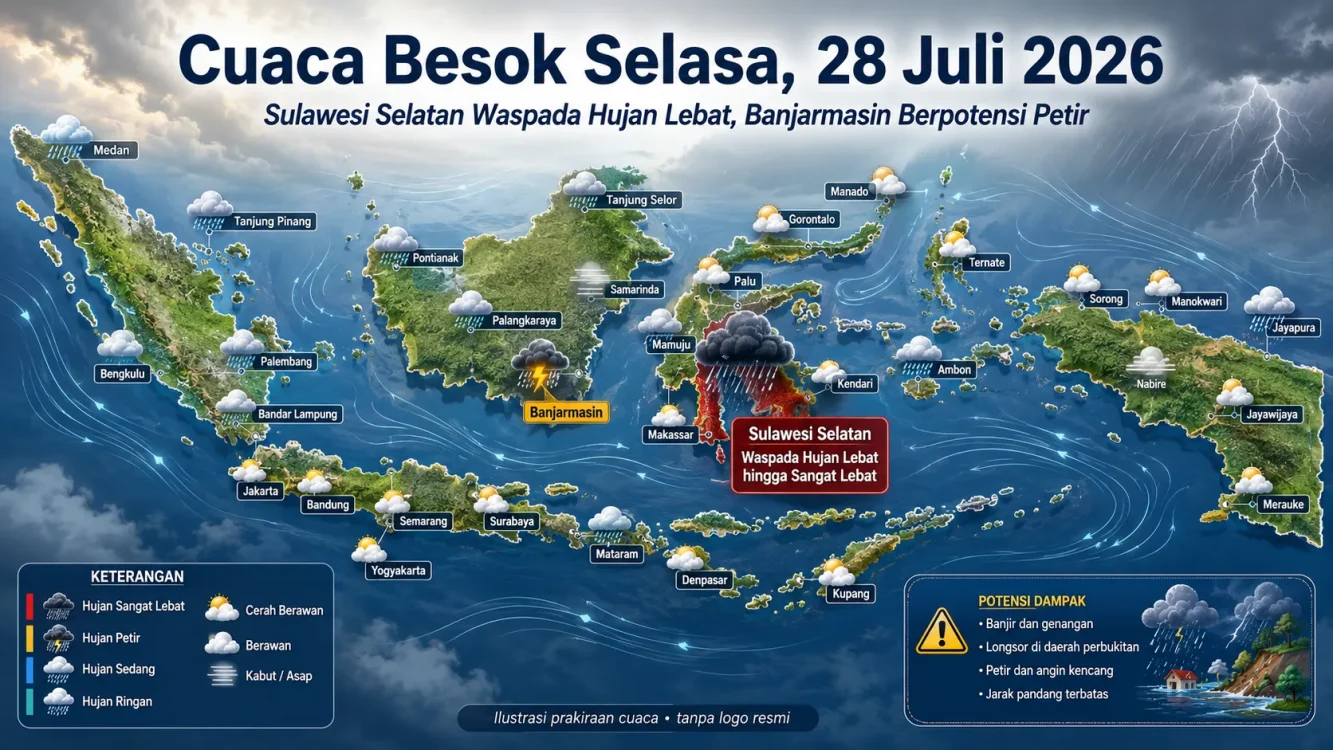 Cuaca Besok Selasa 28 Juli 2026 di Kota-Kota Besar Indonesia, Cek Sumatera hingga Papua