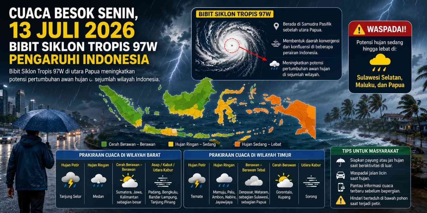 Cuaca Besok Senin 13 Juli 2026 BMKG Peringatkan Hujan Lebat di Sulawesi Selatan, Maluku, dan Papua