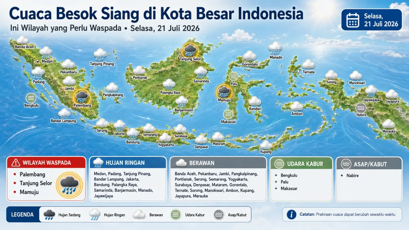 Cuaca Besok Siang 21 Juli 2026, Hujan Sedang Ancam Tiga Kota