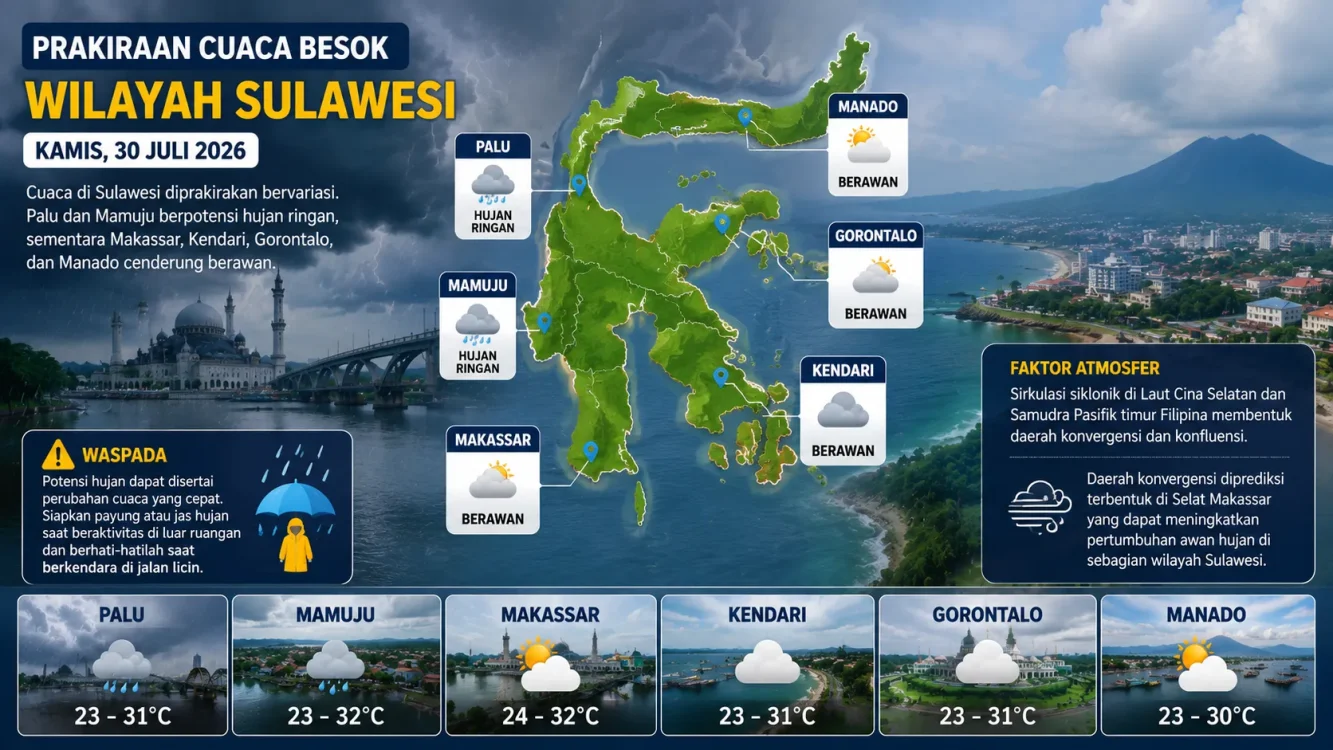 Cuaca Besok Siang di Sulawesi Hujan Ringan Berpotensi Turun di Palu