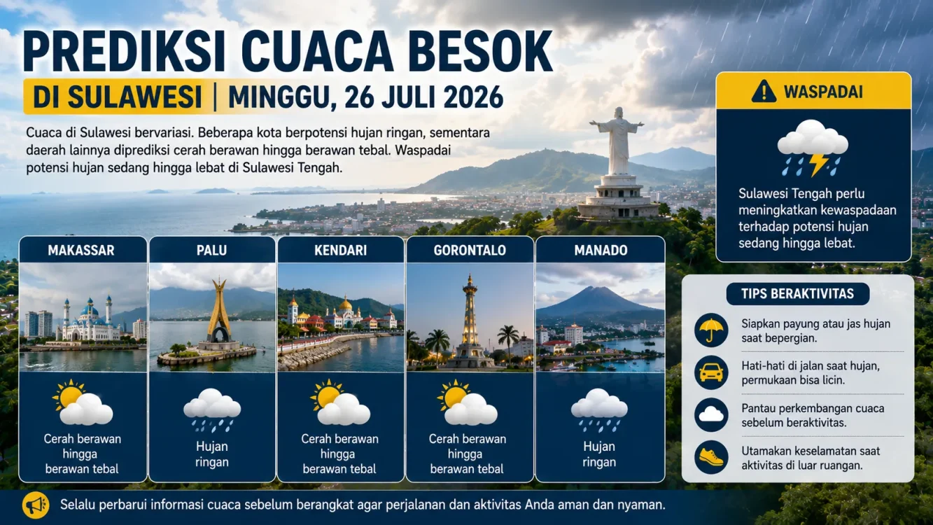 Cuaca Besok Sulawesi Minggu 26 Juli 2026, Palu dan Mamuju Berpotensi Hujan