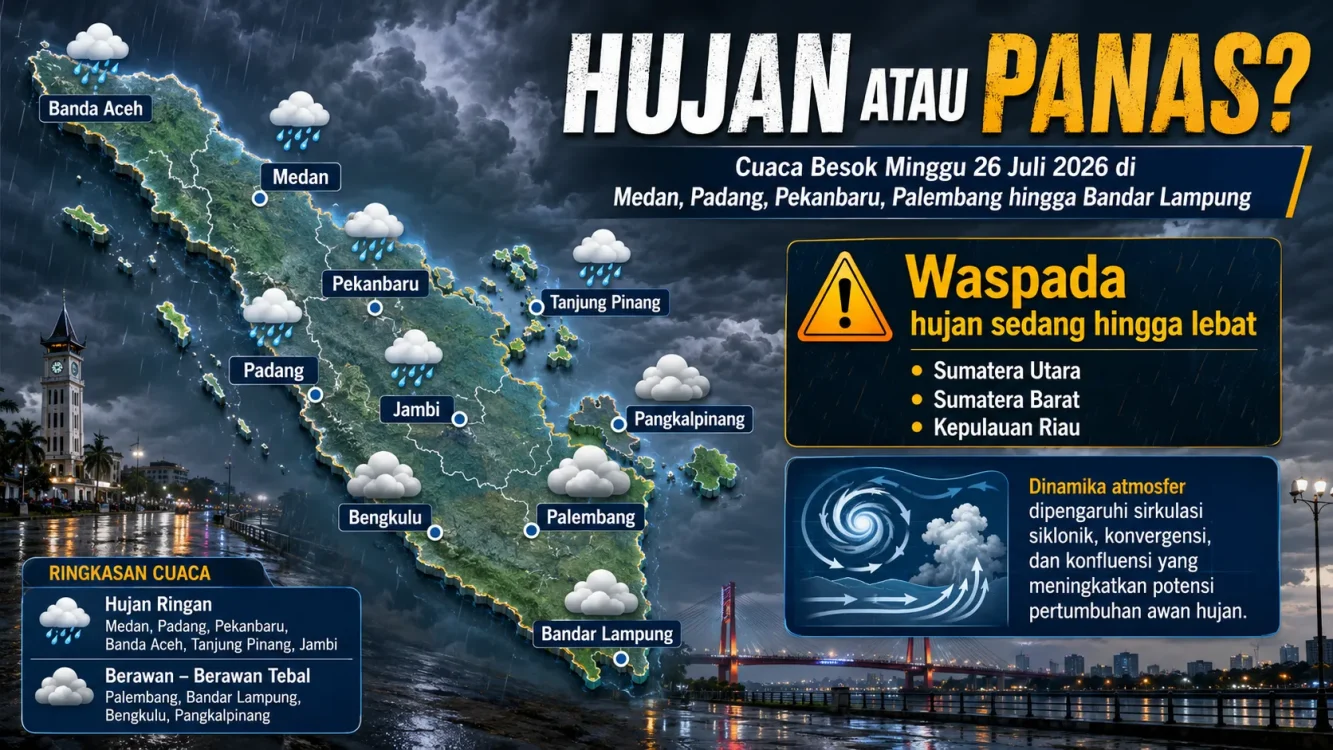 Cuaca Besok Sumatera Minggu 26 Juli 2026, Sejumlah Kota Berpotensi Diguyur Hujan