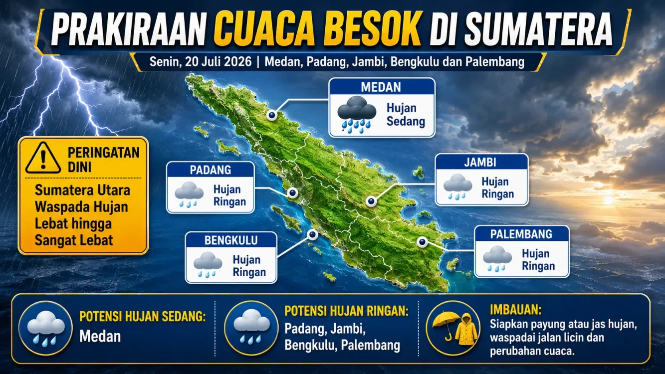 Cuaca Besok Sumatera Senin 20 Juli 2026 Hujan atau Panas di Kota-Kota Besar