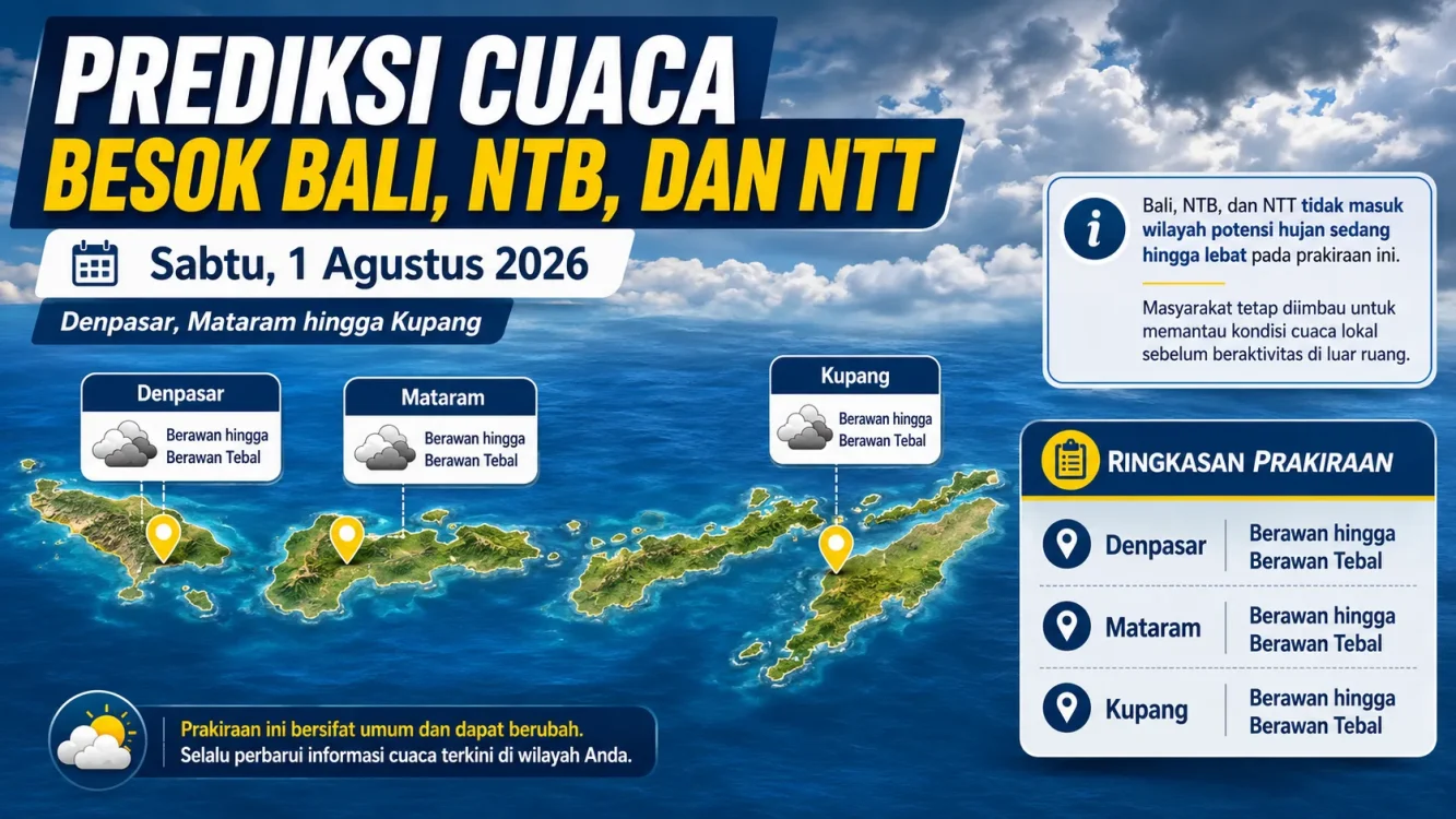 Cuaca Besok di Bali, NTB, NTT Sabtu 1 Agustus 2026 Denpasar, Mataram, dan Kupang Berawan