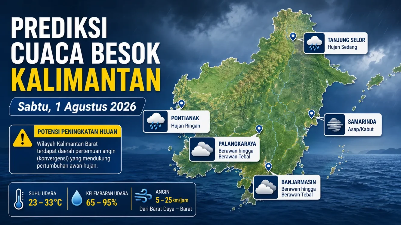 Cuaca Besok di Kalimantan Sabtu 1 Agustus 2026 Tanjung Selor Hujan Sedang, Samarinda Berpotensi Kabut