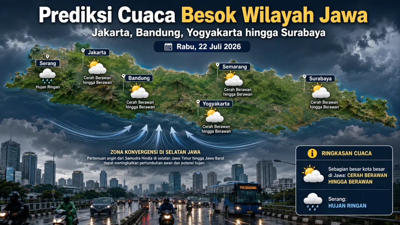 Cuaca Besok di Pulau Jawa 22 Juli 2026, Jakarta Berawan dan Serang Berpotensi Hujan