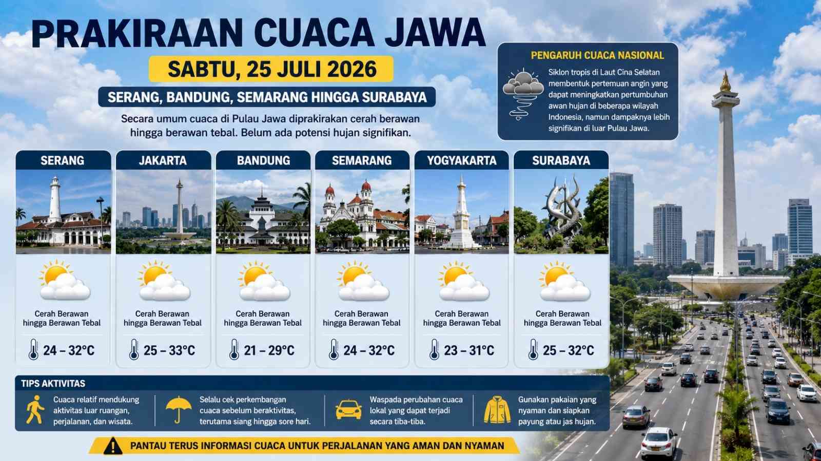 Cuaca Besok di Pulau Jawa Jakarta, Semarang dan Yogyakarta Diprediksi Berawan