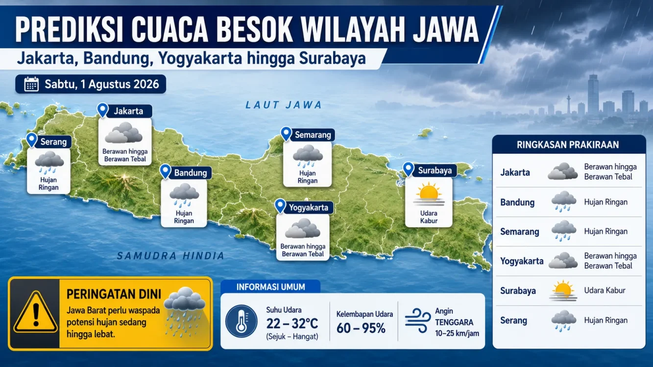 Cuaca Besok di Pulau Jawa Sabtu 1 Agustus 2026 Bandung dan Semarang Berpotensi Hujan Ringan