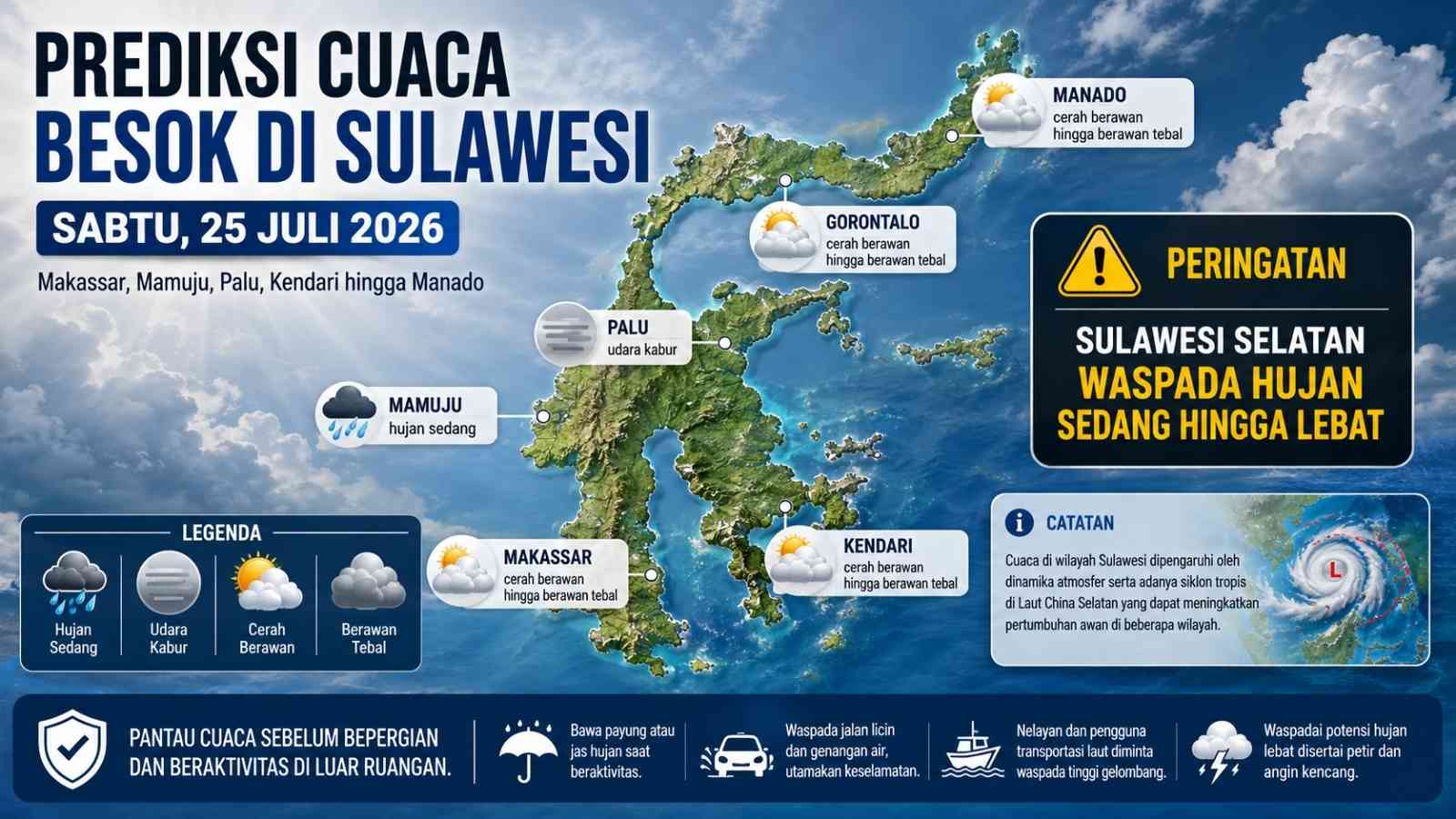 Cuaca Besok di Sulawesi Mamuju Hujan Sedang, Makassar dan Manado Berawan