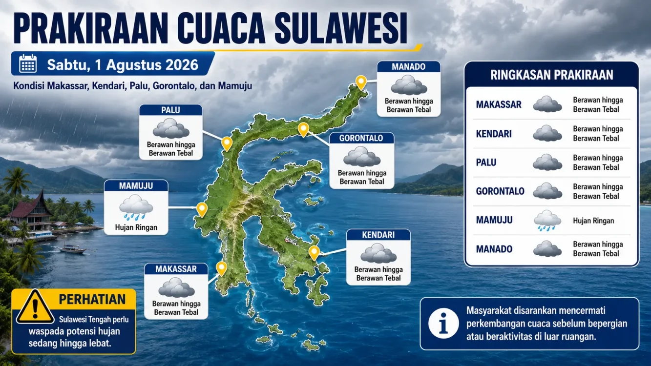 Cuaca Besok di Sulawesi Sabtu 1 Agustus 2026 Mamuju Berpotensi Hujan, Makassar dan Manado Berawan