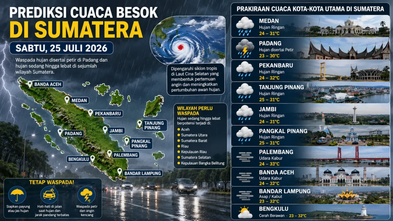 Cuaca Besok di Sumatera Sabtu 25 Juli 2026 Padang Hujan Petir, Medan dan Pekanbaru Hujan Ringan
