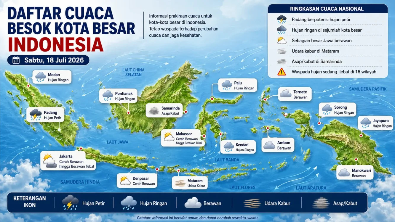 Daftar Cuaca Besok Kota Besar Indonesia Sabtu 18 Juli 2026, dari Medan hingga Jayapura