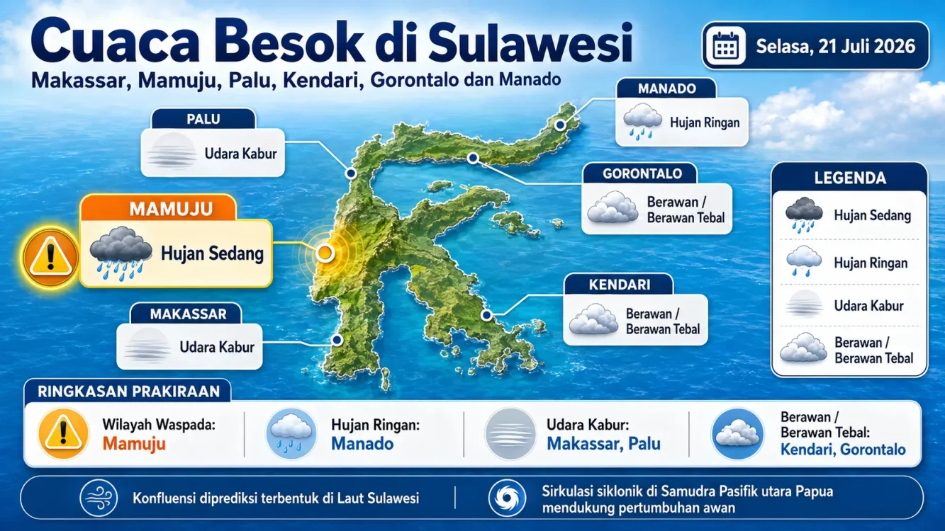 Daftar Cuaca Besok di Kota Besar Sulawesi Manado, Gorontalo, Palu, Mamuju, Kendari dan Makassar