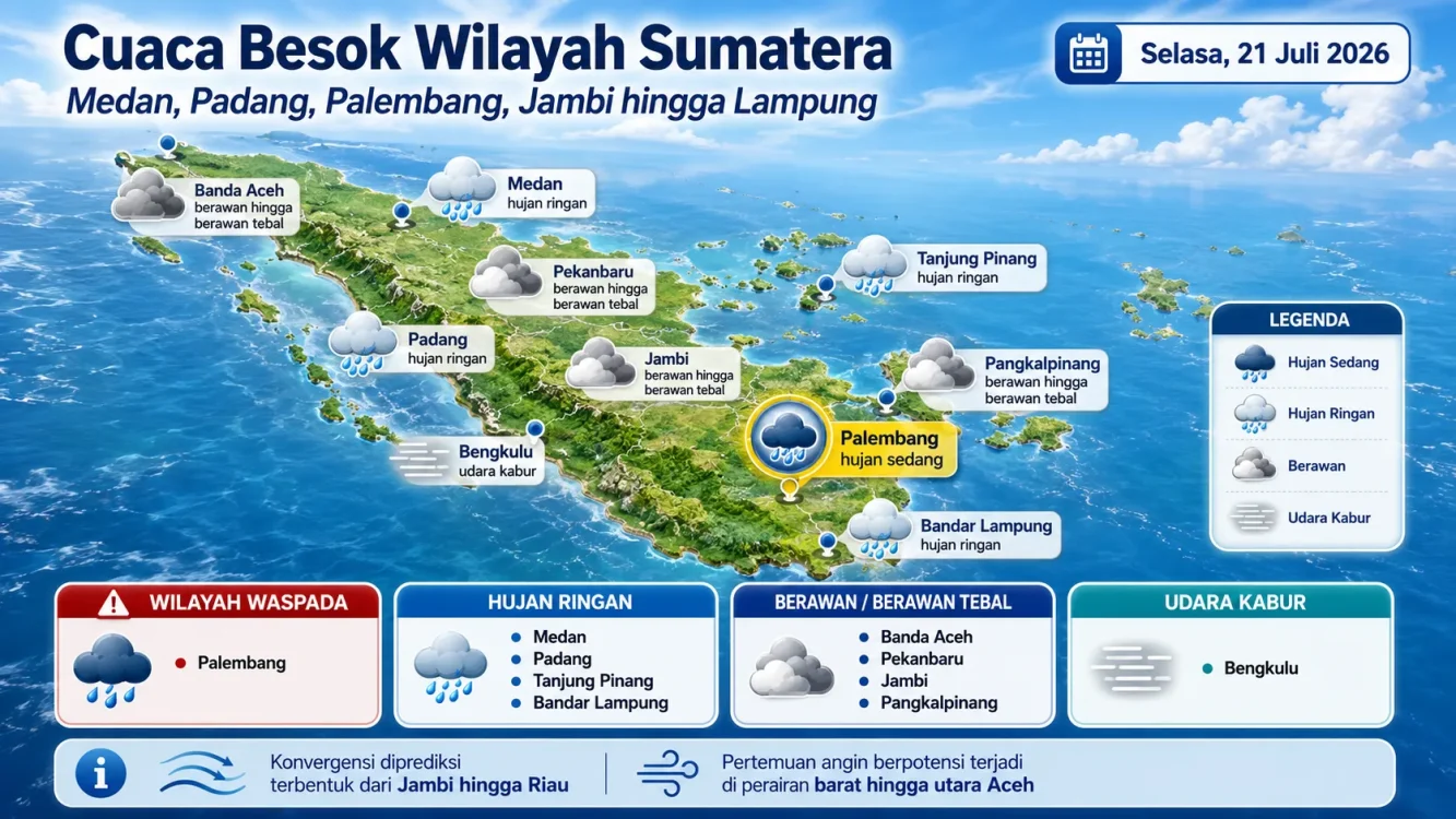 Daftar Cuaca Besok di Kota Besar Sumatera Medan, Pekanbaru, Padang, Palembang dan Bengkulu