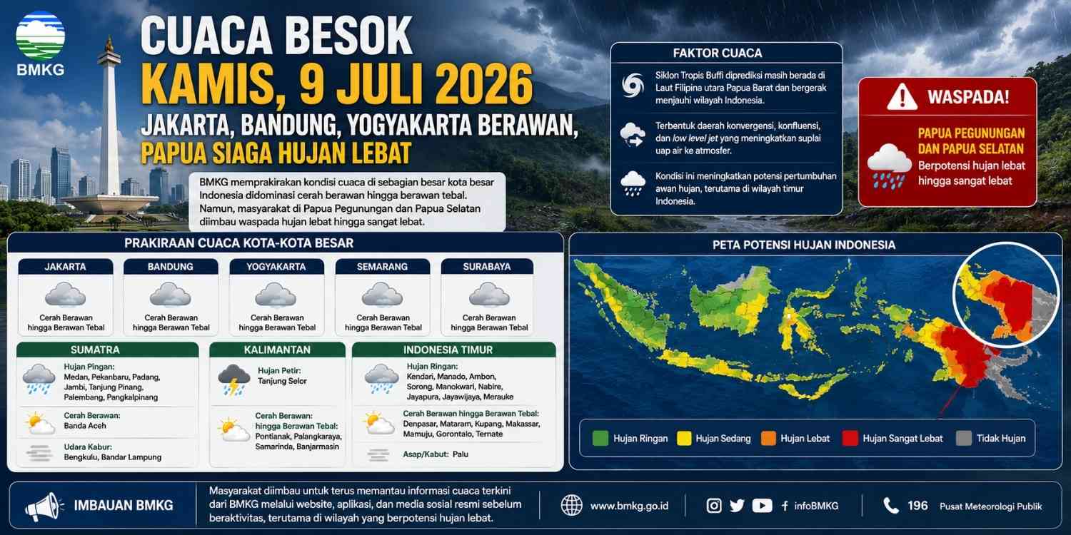 Daftar Lengkap Prakiraan Cuaca Besok 9 Juli 2026, Hujan Ringan hingga Hujan Petir Mengintai