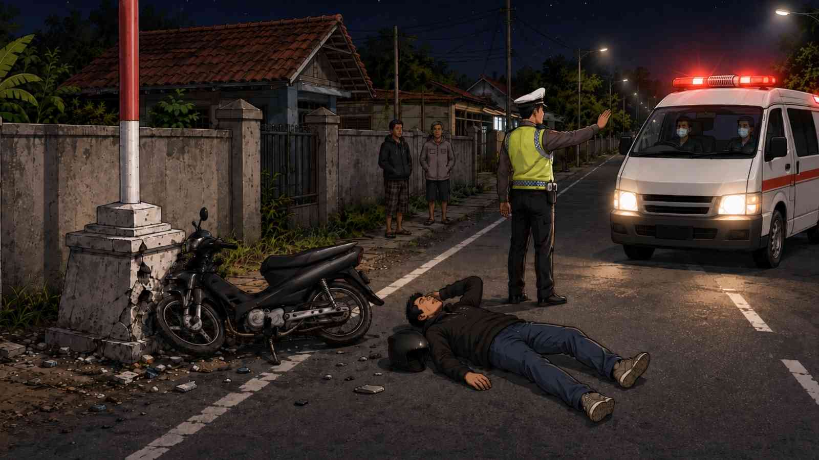 Ilustrasi kecelakaan tunggal di Jalan Imogiri Barat, Dusun Ngentak, Timbulharjo, Sewon, Bantul, Jumat (24/7/2026) malam. Sepeda motor yang dikendarai MH (25) oleng dan menabrak struktur beton tempat tiang bendera. Korban mengalami luka-luka dan dievakuasi ke Rumah Sakit Nur Hidayah, Jetis, Bantul.