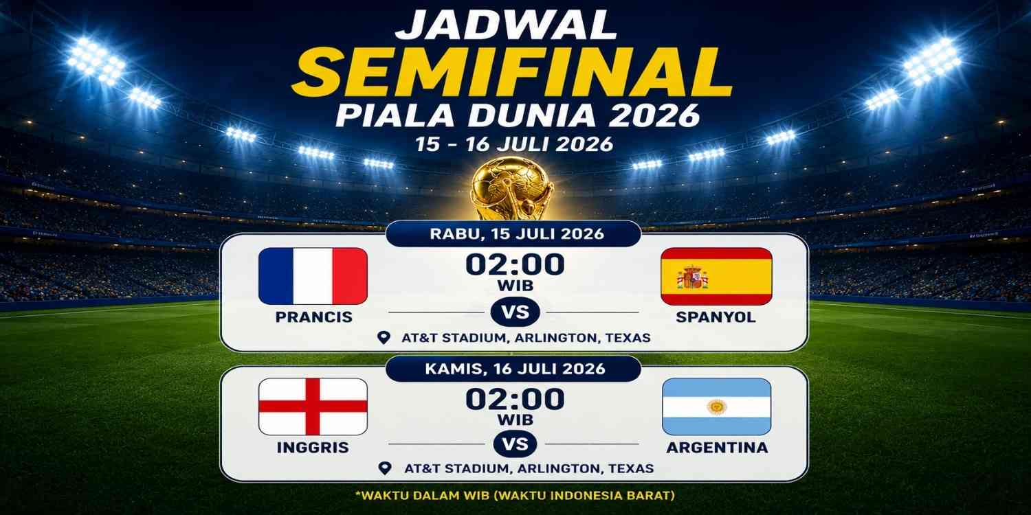 **Caption Gambar:** **Jadwal Semifinal Piala Dunia 2026** mempertemukan **Prancis vs Spanyol** pada **Rabu, 15 Juli 2026 pukul 02.00 WIB** dan **Inggris vs Argentina** pada **Kamis, 16 Juli 2026 pukul 02.00 WIB**. Dua laga empat besar ini akan menjadi penentu tim yang melaju ke final Piala Dunia 2026. Ilustrasi: Headline.co.id.