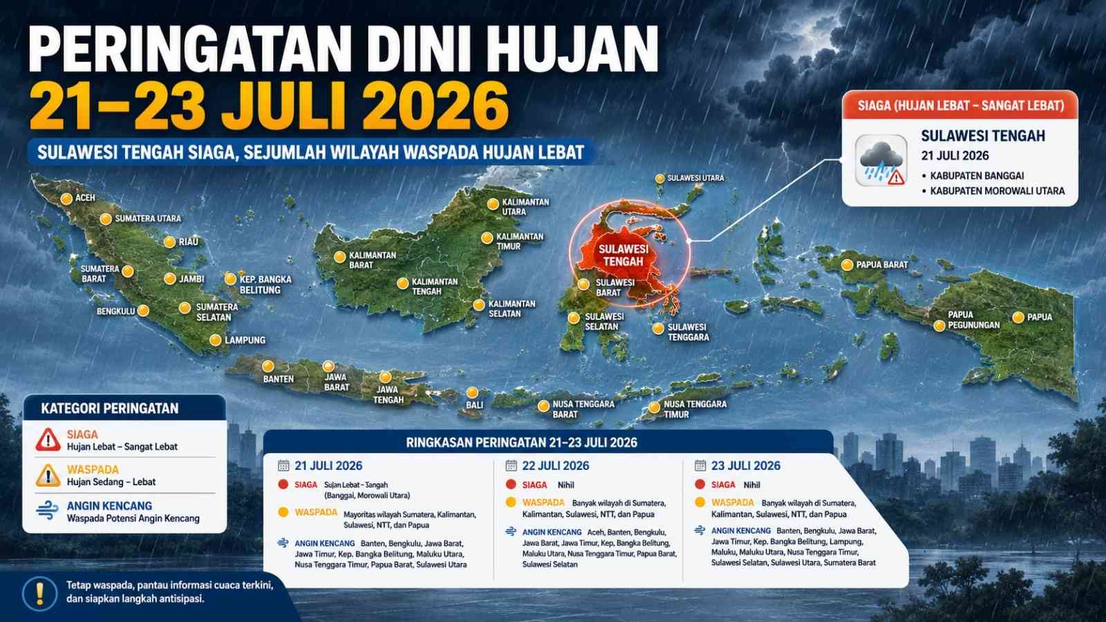 Peringatan Dini Cuaca 21–23 Juli 2026, Sulawesi Tengah Siaga Hujan Sangat Lebat