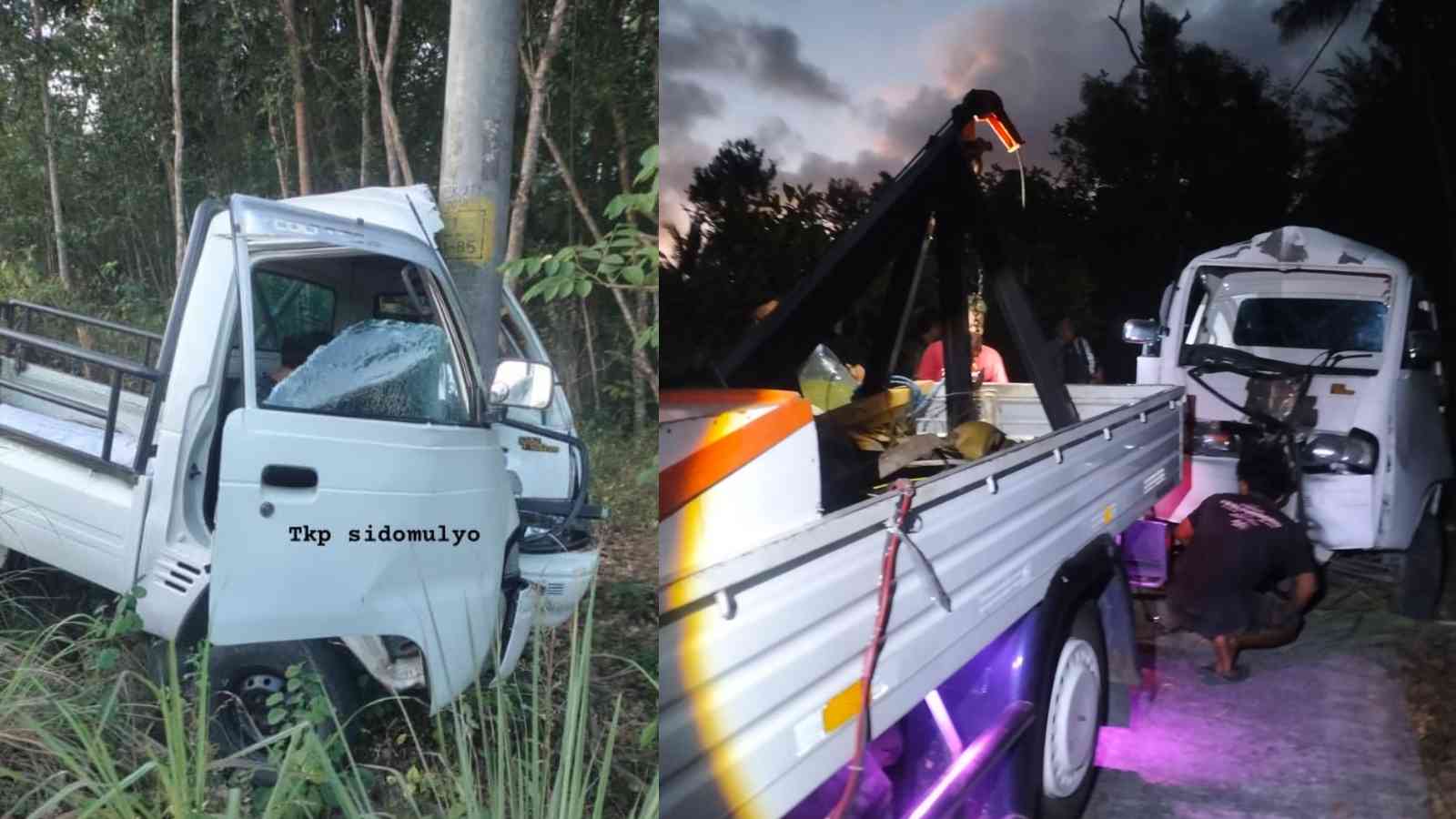 Petugas melakukan proses evakuasi mobil pikap Mitsubishi Colt T120 SS bernomor polisi AB 8826 BF yang mengalami kecelakaan tunggal setelah diduga mengalami rem blong hingga menabrak tiang listrik di Gondangan, Kalurahan Sidomulyo, Kapanewon Pengasih, Kabupaten Kulon Progo, Daerah Istimewa Yogyakarta, Kamis (23/7/2026) sekitar pukul 16.30 WIB. Akibat kejadian tersebut, pengemudi mengalami luka memar, sementara bagian kabin depan kendaraan mengalami kerusakan parah