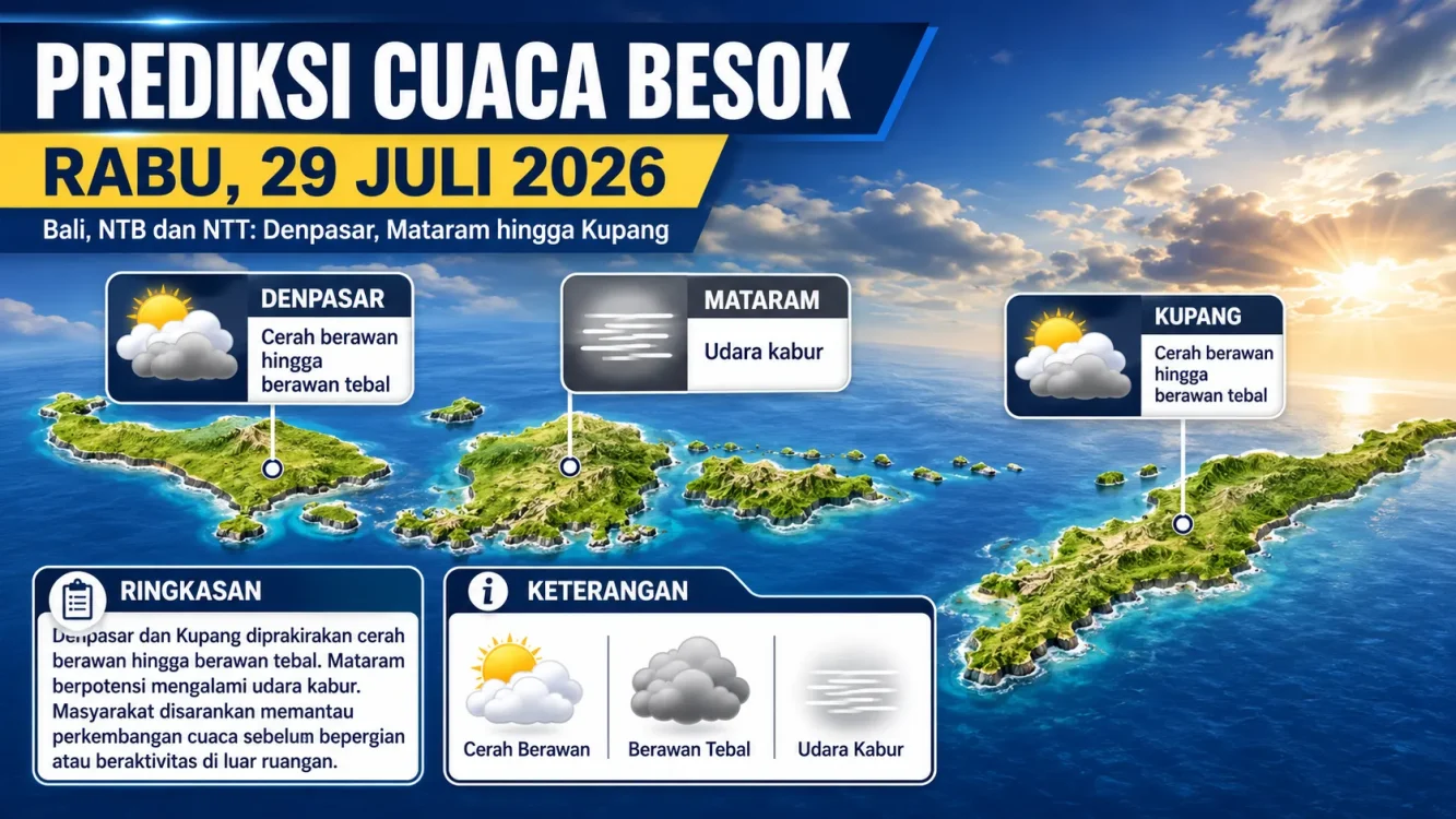 Prakiraan Cuaca Besok Denpasar, Mataram dan Kupang Rabu 29 Juli 2026