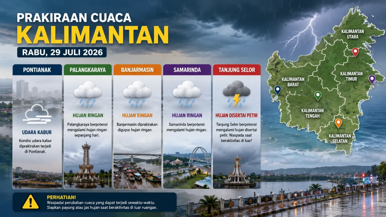 Prakiraan Cuaca Besok Kalimantan Palangkaraya, Samarinda dan Banjarmasin Diguyur Hujan