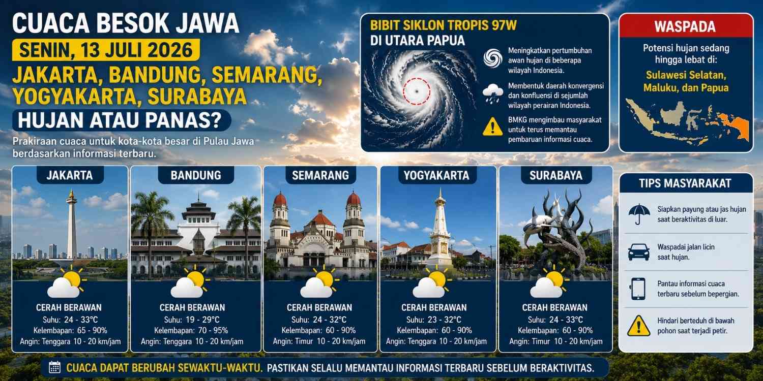 Prakiraan Cuaca Besok Senin 13 Juli 2026: Jakarta, Medan, Makassar, Pontianak, Denpasar, Ambon hingga Jayapura