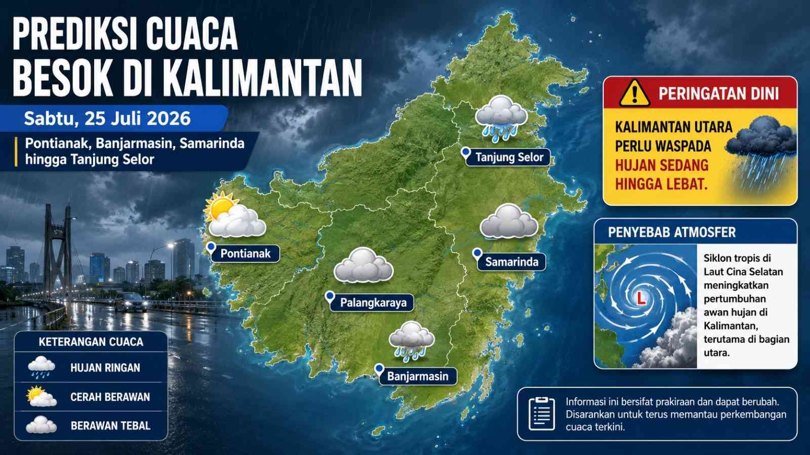 Prakiraan Cuaca Kalimantan Sabtu 25 Juli 2026, Kalimantan Utara Waspada Hujan Lebat