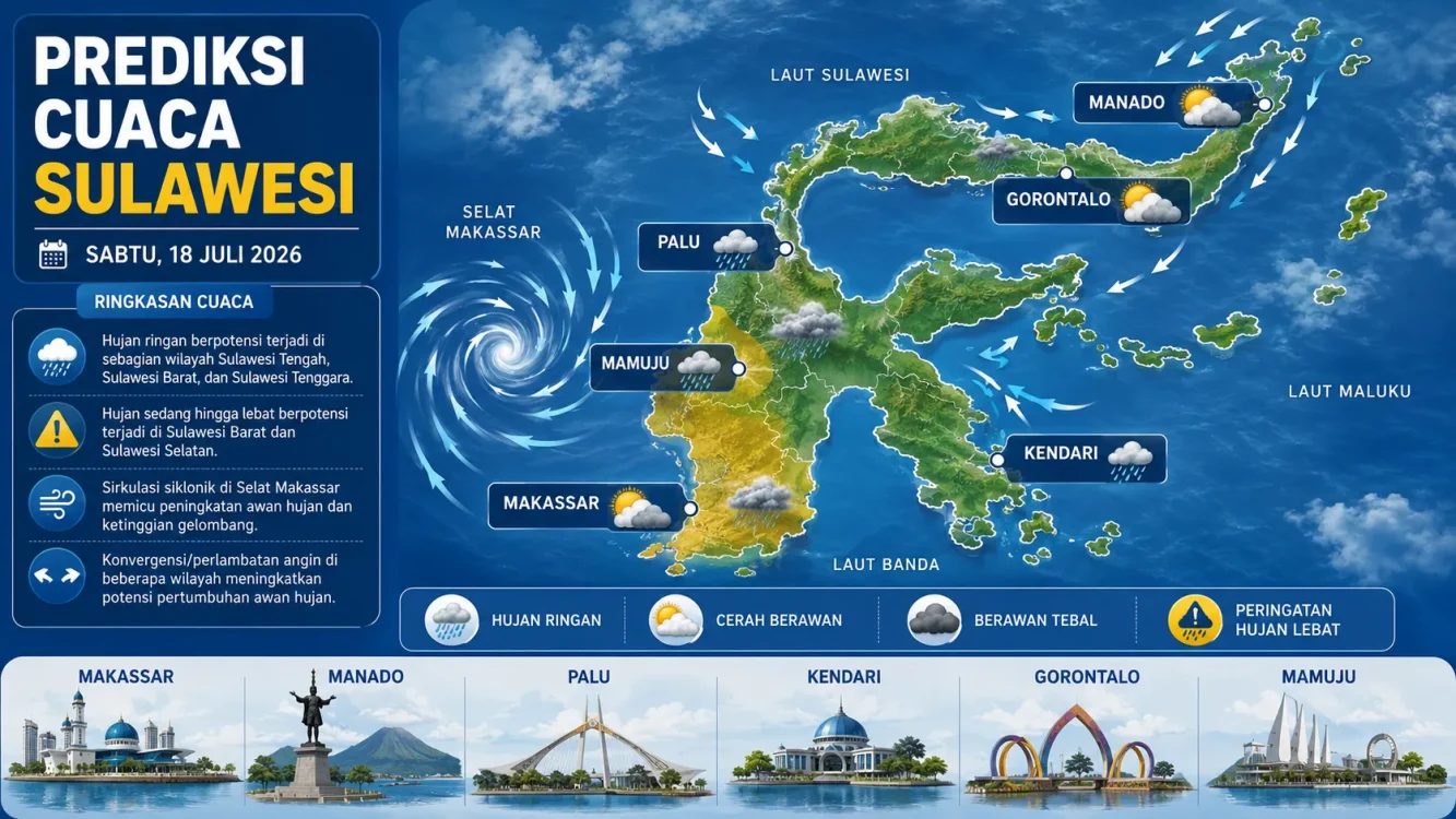 Prakiraan Cuaca Sulawesi 18 Juli 2026 Makassar Berawan, Palu Diguyur Hujan
