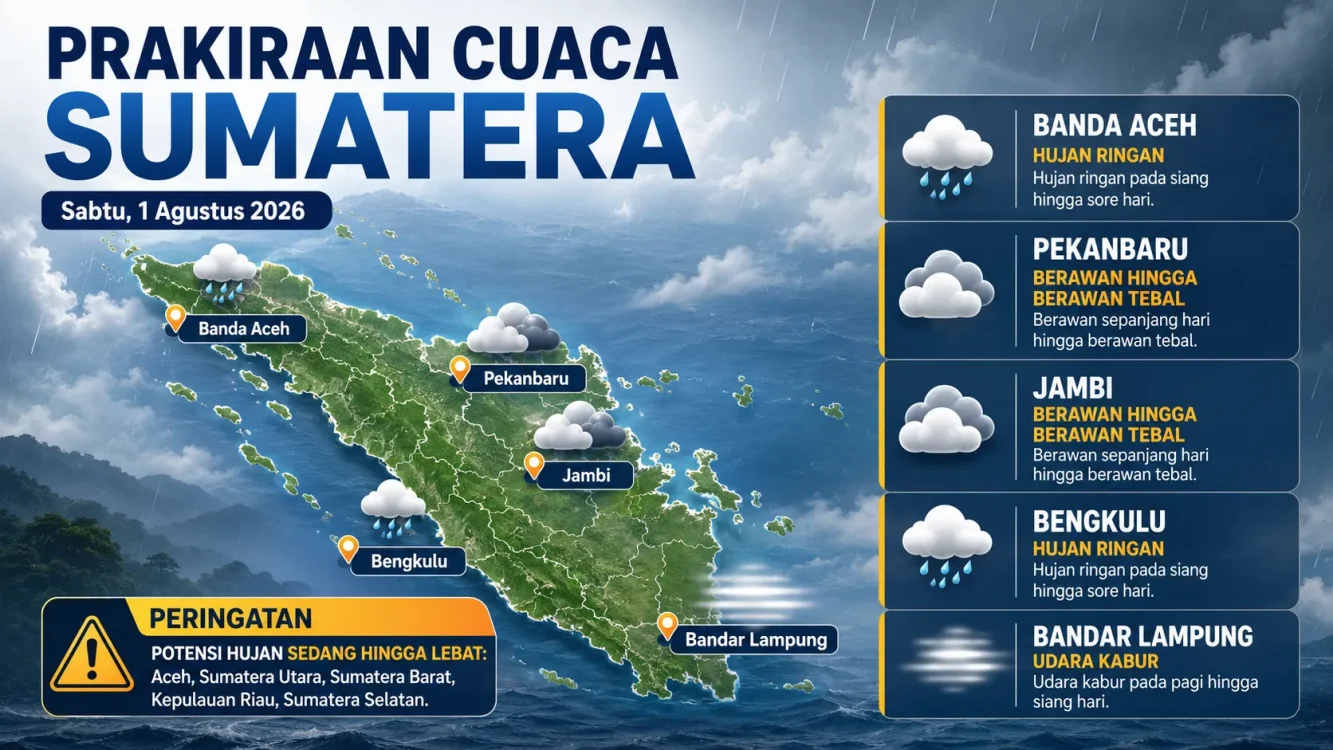 Prediksi Cuaca Besok Sumatera Sabtu 1 Agustus 2026 Banda Aceh, Medan, Padang hingga Palembang