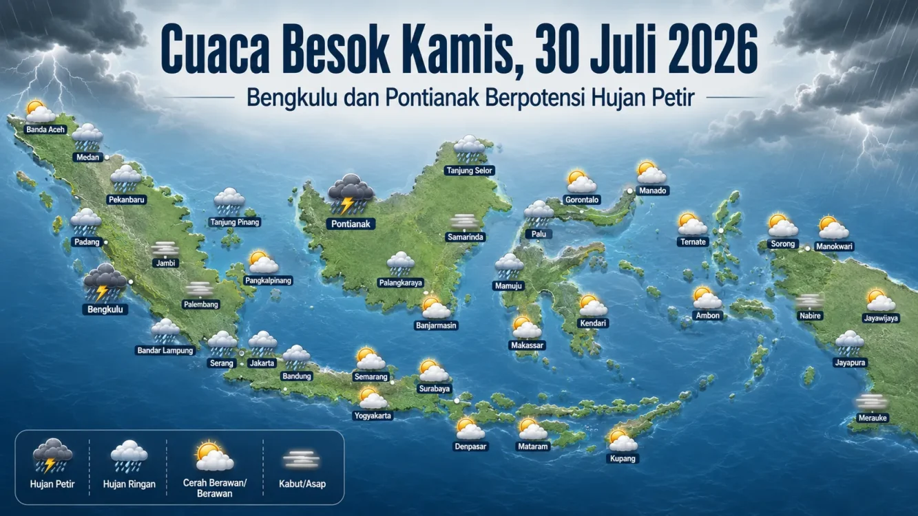 Prediksi Cuaca besok Kamis 30 Juli 2026 di seluruh kota di Indonesia