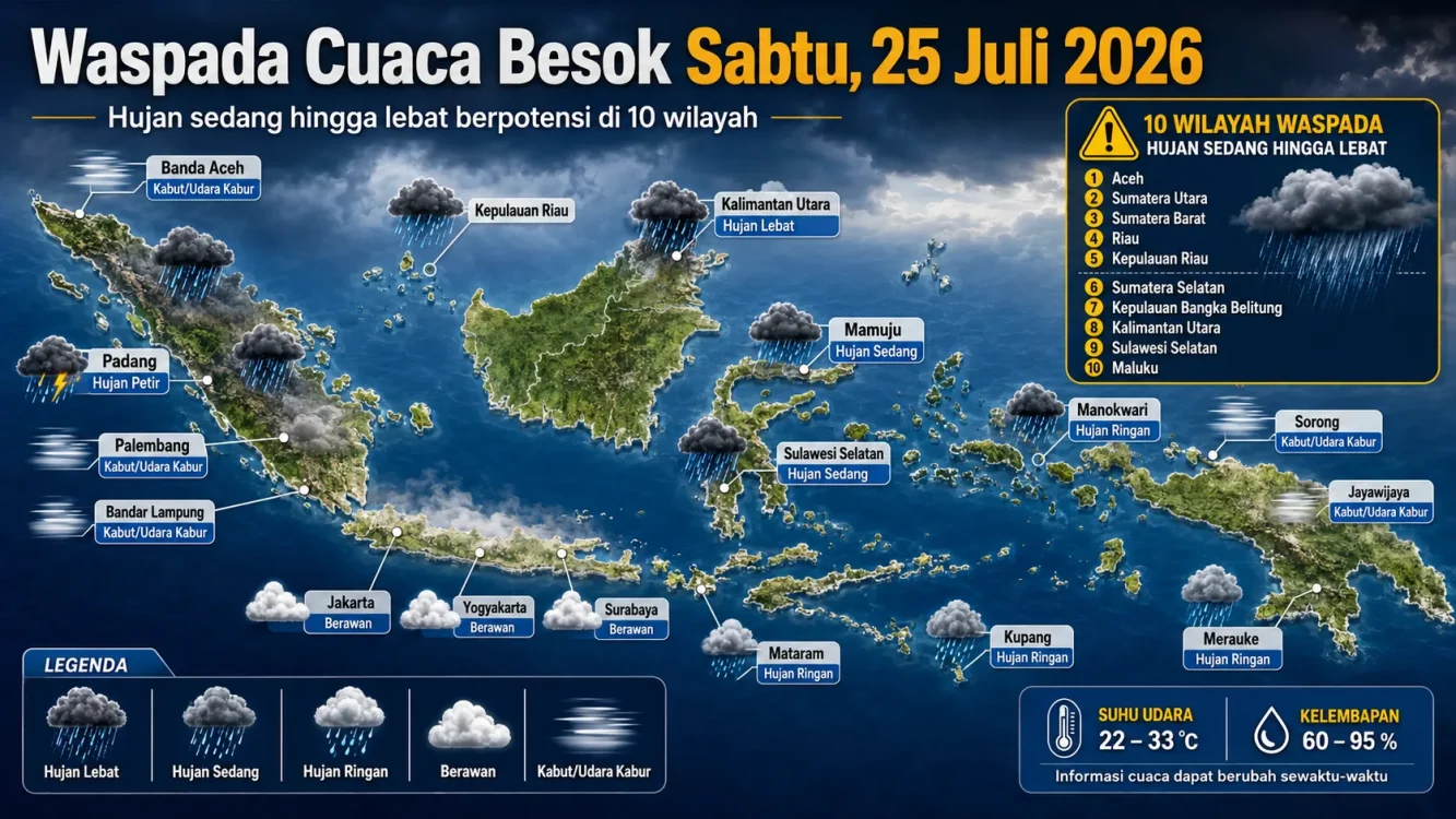 Update Cuaca Besok Sabtu 25 Juli 2026 Hujan Ringan hingga Lebat di Sejumlah Kota