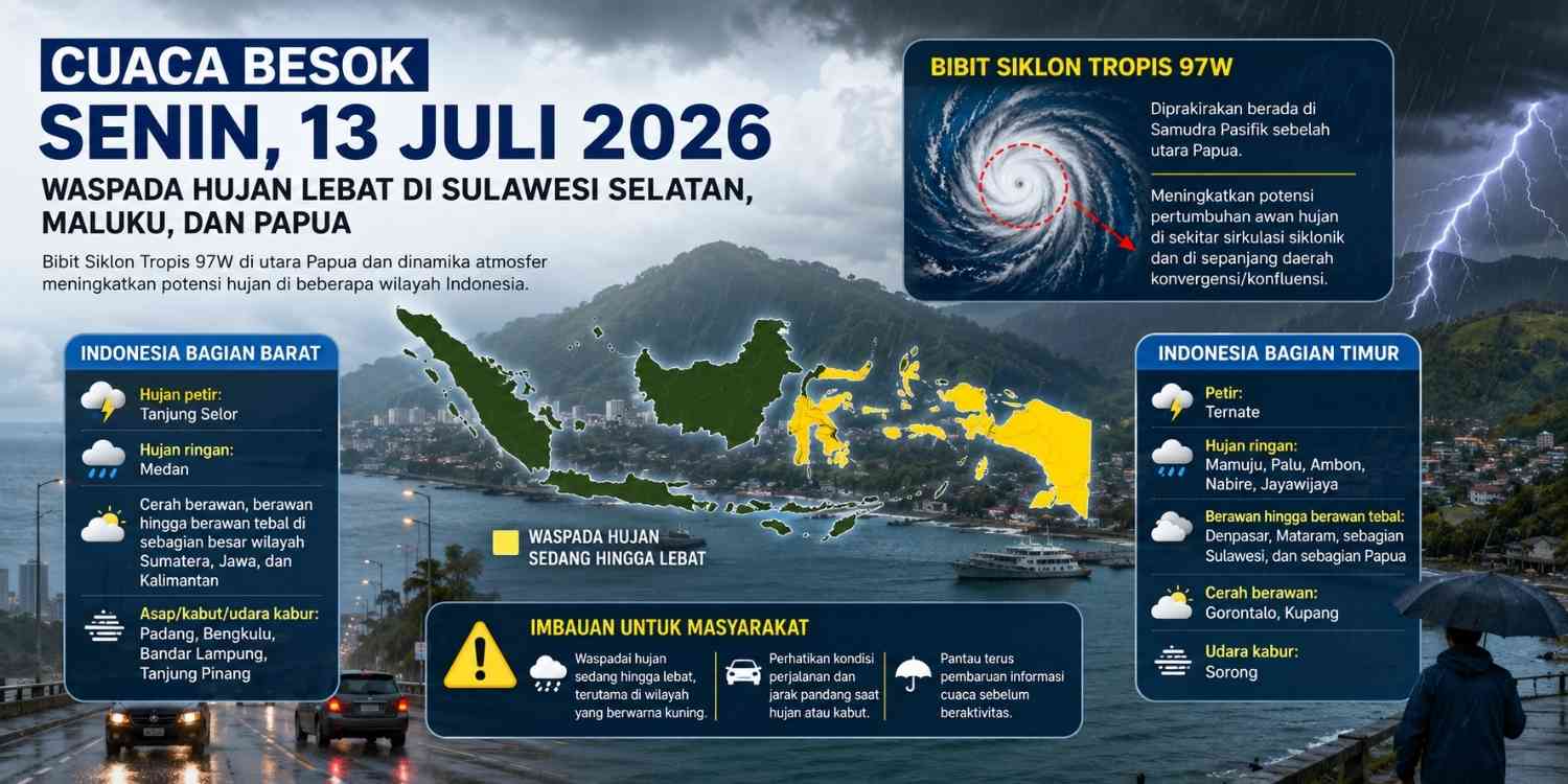 Update Cuaca Besok Senin 13 Juli 2026, Bibit Siklon 97W Picu Potensi Hujan Lebat di Indonesia