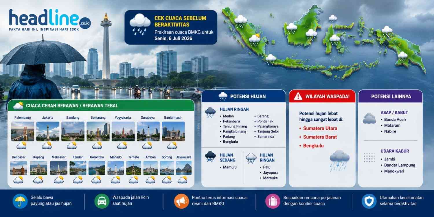 Update Cuaca Besok Senin 6 Juli 2026 Hujan, Berawan hingga Kabut, Simak Prakiraan BMKG Lengkap