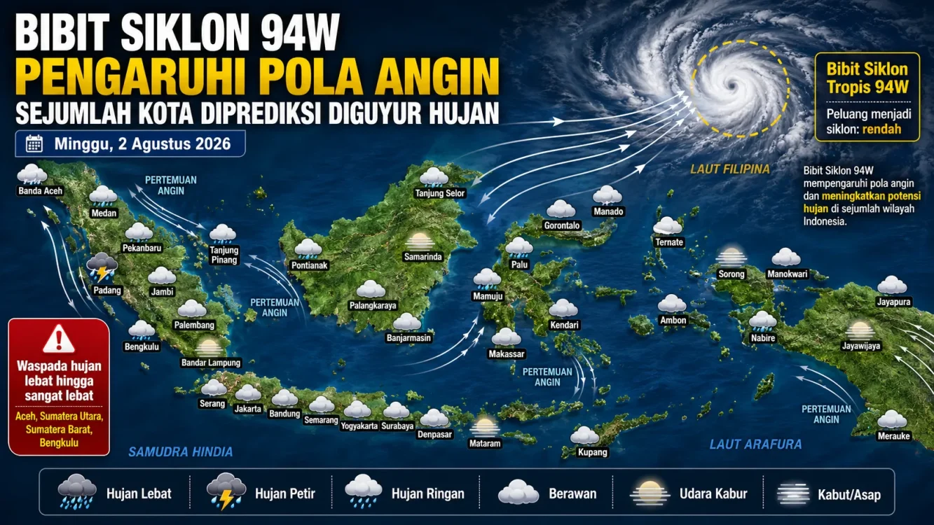 Bibit Siklon 94W Bergerak ke Barat, Padang Berpotensi Hujan Petir