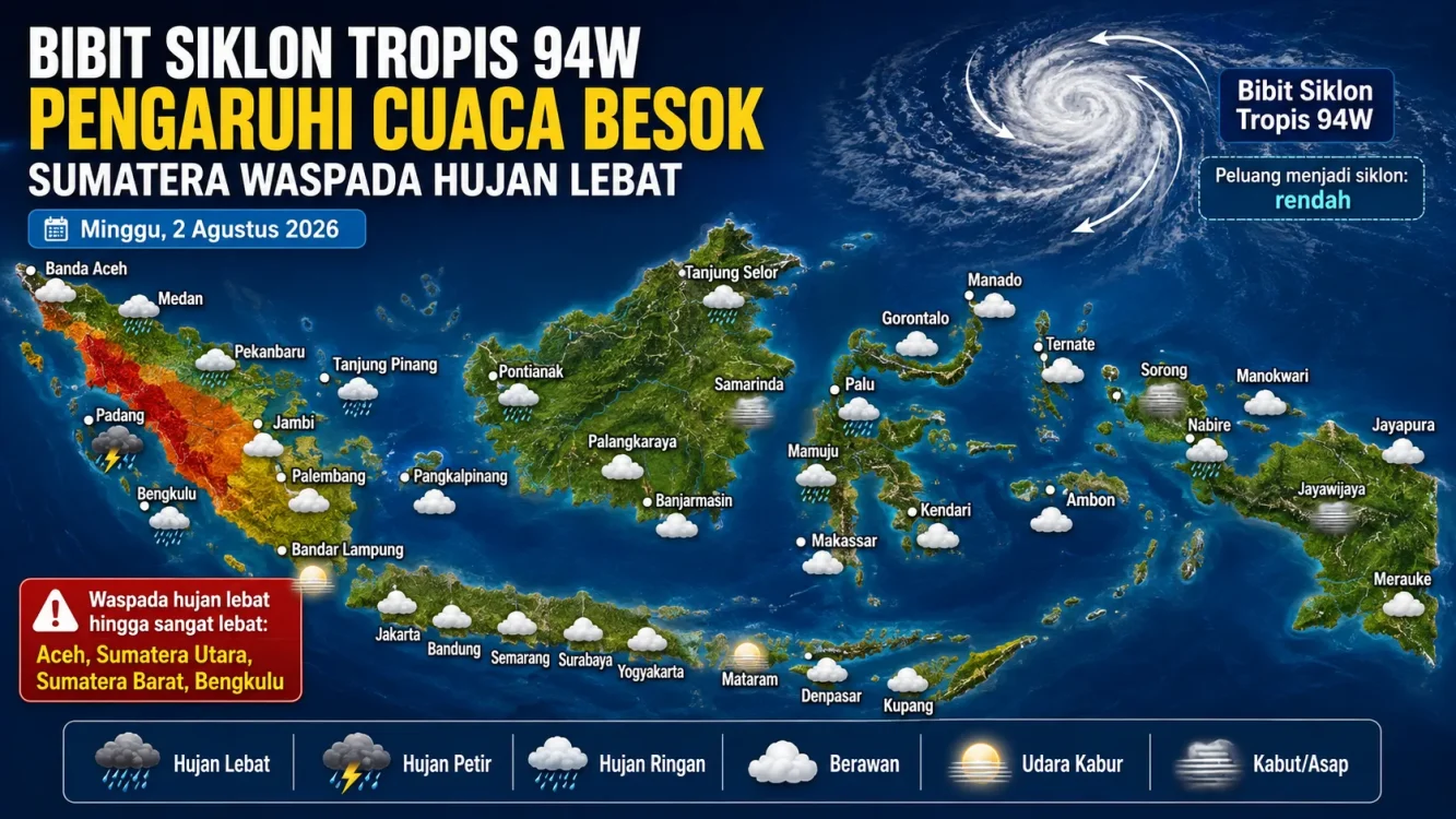Bibit Siklon Tropis 94W Bentuk Konvergensi, Hujan Lebat Ancam Empat Provinsi