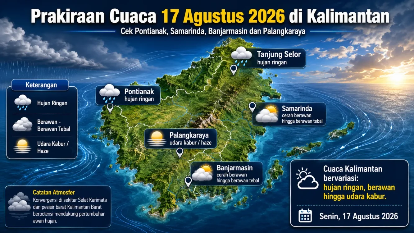 Cuaca Besok 17 Agustus 2026 di Kota-Kota Kalimantan Hujan, Berawan hingga Udara Kabur