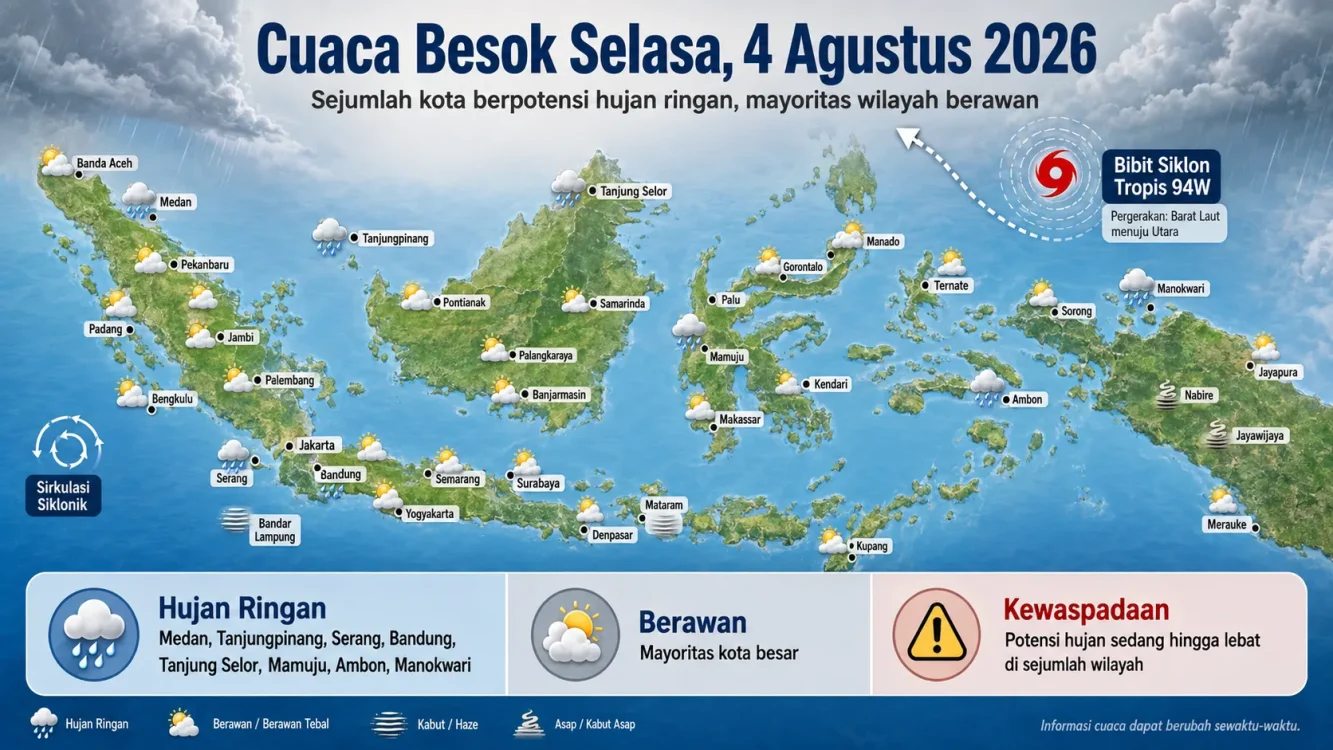 Cuaca Besok Dipengaruhi Bibit Siklon 94W, Kota-Kota Ini Berpotensi Hujan Ringan