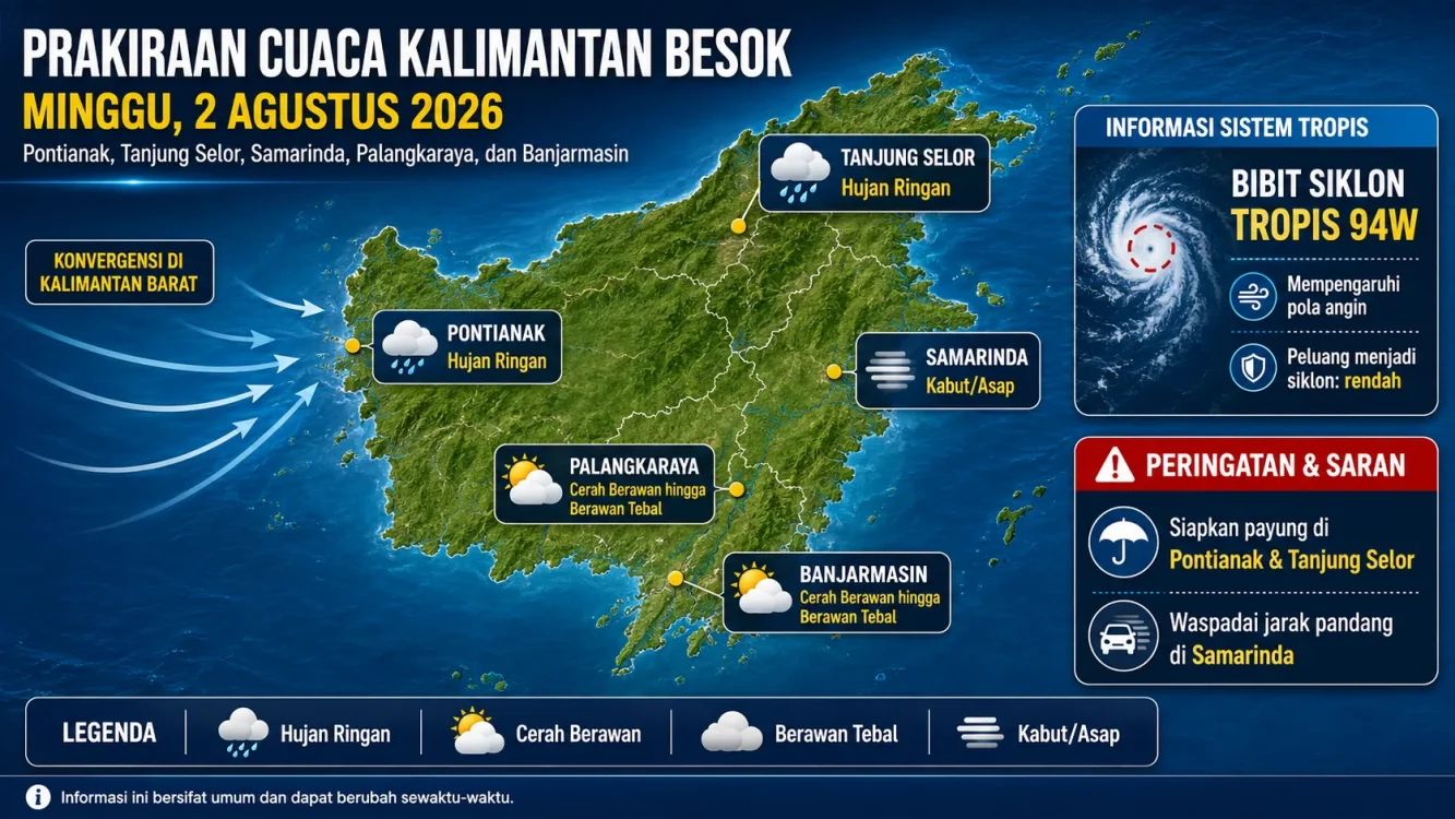 Cuaca Besok Minggu 2 Agustus 2026 di Kalimantan, Hujan Ringan hingga Kabut