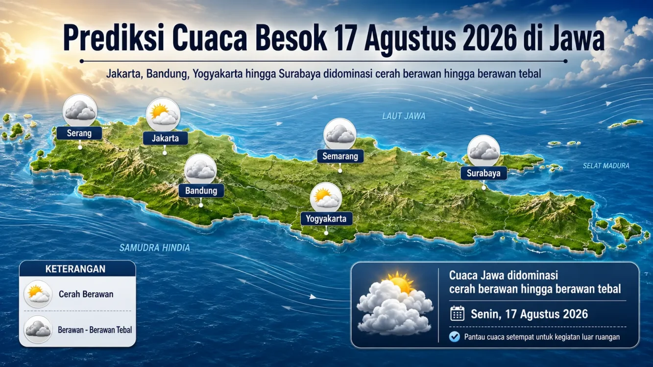 Cuaca Besok Senin 17 Agustus 2026 untuk Jakarta, Bandung, Yogyakarta, Semarang dan Surabaya