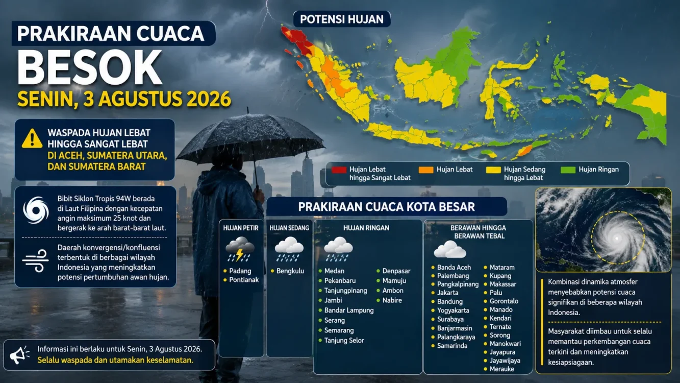 Cuaca Besok Senin 3 Agustus 2026 Padang dan Pontianak Hujan Petir