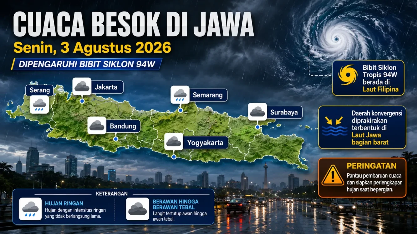 Cuaca Besok Senin, 3 Agustus 2026 di Jawa Dipengaruhi Bibit Siklon